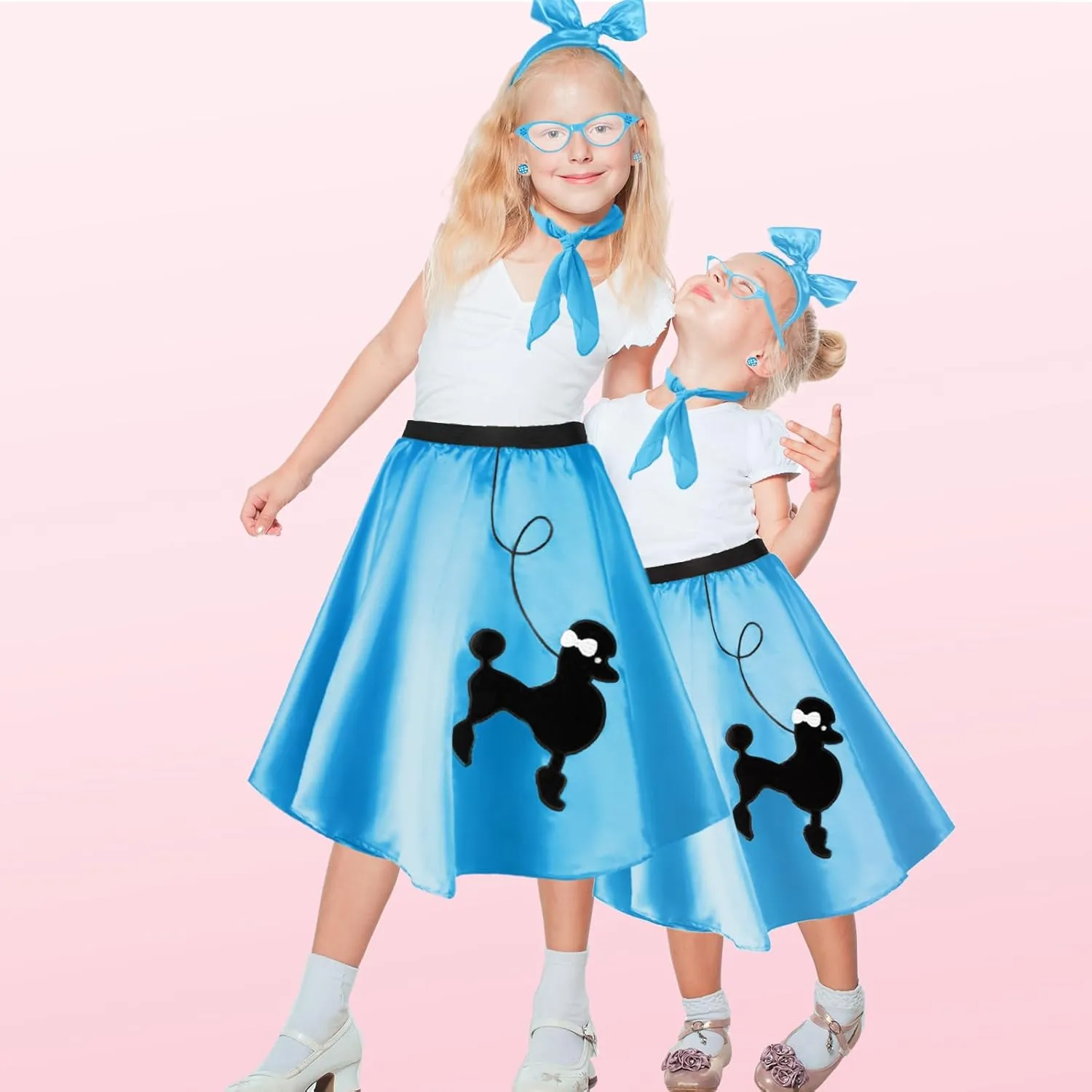 Hicarer 5 Pcs 50s Girl Costume 1950s Poodle Skirt Outfit Sock Hop Kid Scarf Eyeglasses Bandana Headband Earring Halloween