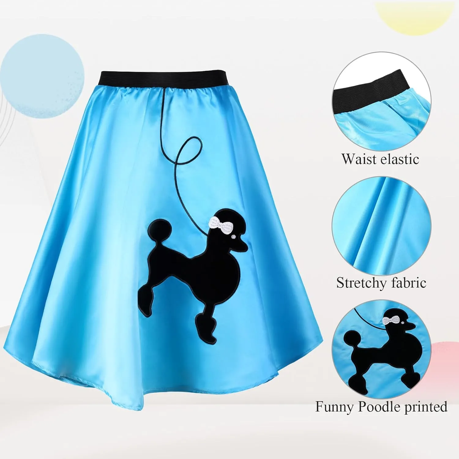 Hicarer 5 Pcs 50s Girl Costume 1950s Poodle Skirt Outfit Sock Hop Kid Scarf Eyeglasses Bandana Headband Earring Halloween