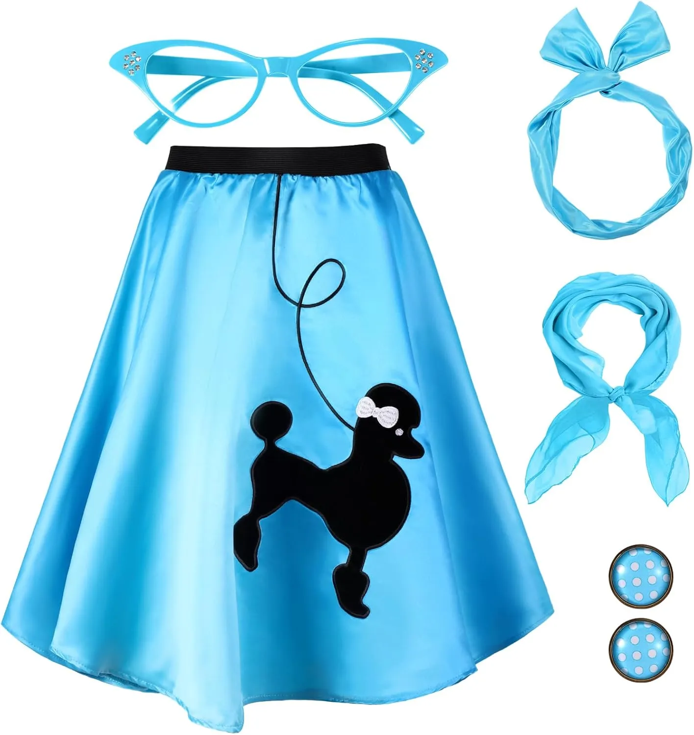 Hicarer 5 Pcs 50s Girl Costume 1950s Poodle Skirt Outfit Sock Hop Kid Scarf Eyeglasses Bandana Headband Earring Halloween