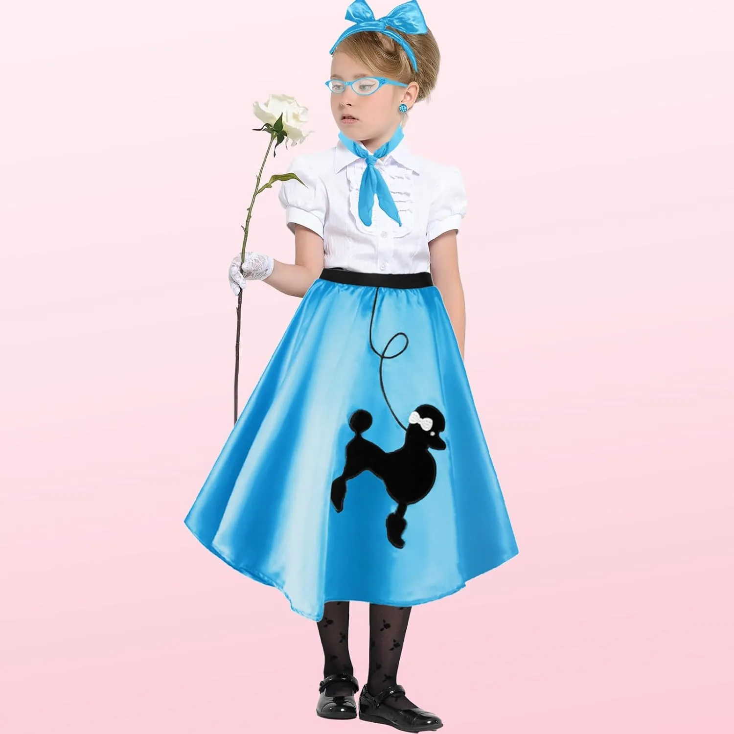 Hicarer 5 Pcs 50s Girl Costume 1950s Poodle Skirt Outfit Sock Hop Kid Scarf Eyeglasses Bandana Headband Earring Halloween