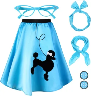 Hicarer 5 Pcs 50s Girl Costume 1950s Poodle Skirt Outfit Sock Hop Kid Scarf Eyeglasses Bandana Headband Earring Halloween