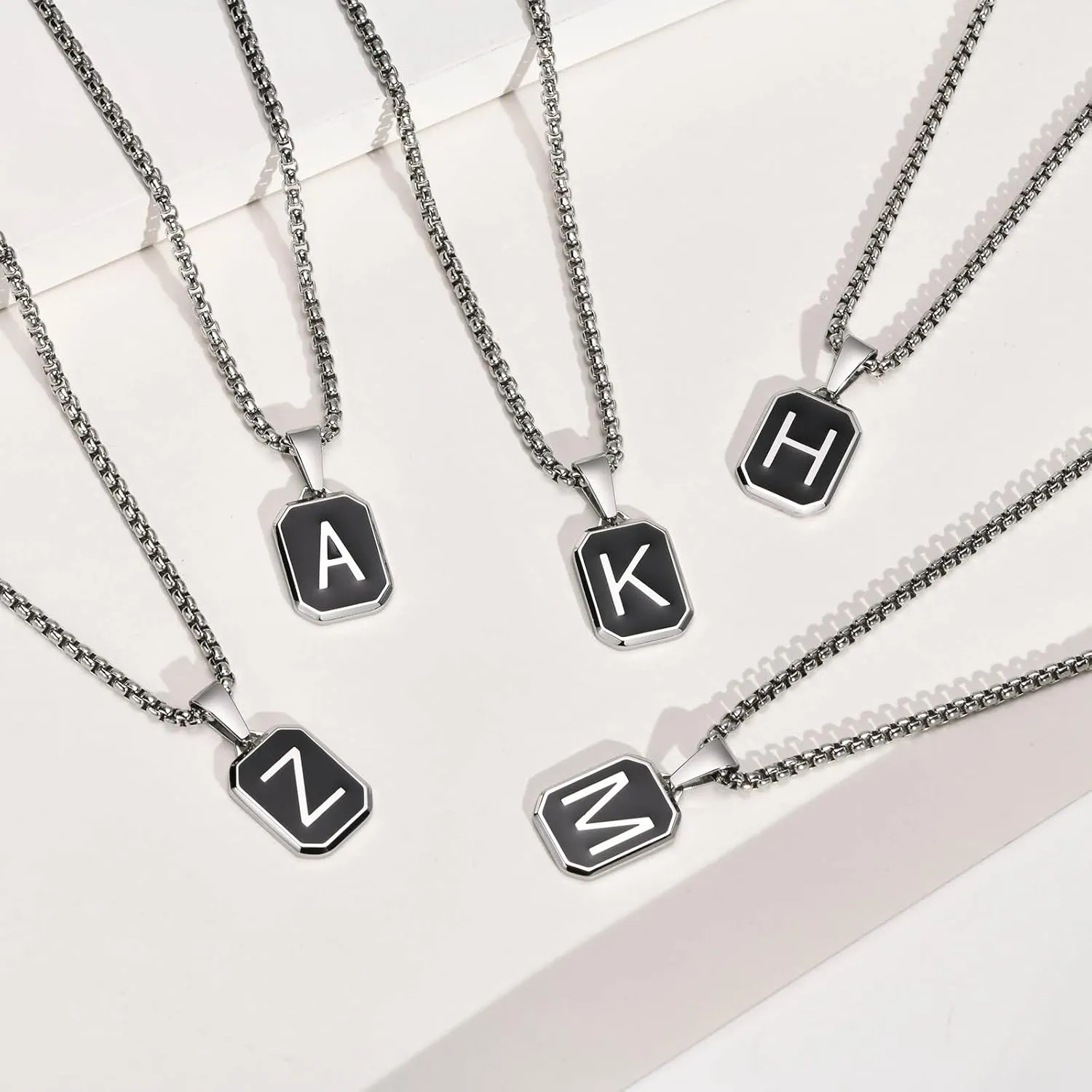 Hisatan Initial Necklace for Men Women, A-Z Letter Pendant Necklaces Black Silver Square Capital Mens Stainless Steel Monogram Alhpabets Charm Gifts Jewelry, 24 inch Box Chain