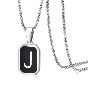 Hisatan Initial Necklace for Men Women, A-Z Letter Pendant Necklaces Black Silver Square Capital Mens Stainless Steel Monogram Alhpabets Charm Gifts Jewelry, 24 inch Box Chain