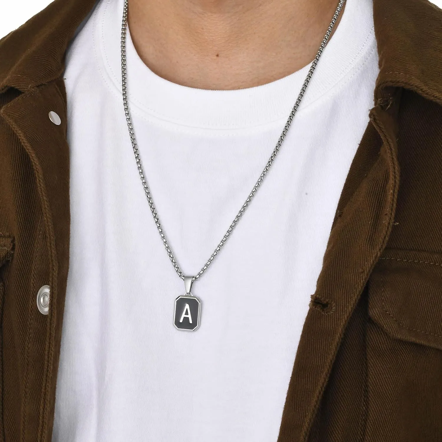 Hisatan Initial Necklace for Men Women, A-Z Letter Pendant Necklaces Black Silver Square Capital Mens Stainless Steel Monogram Alhpabets Charm Gifts Jewelry, 24 inch Box Chain