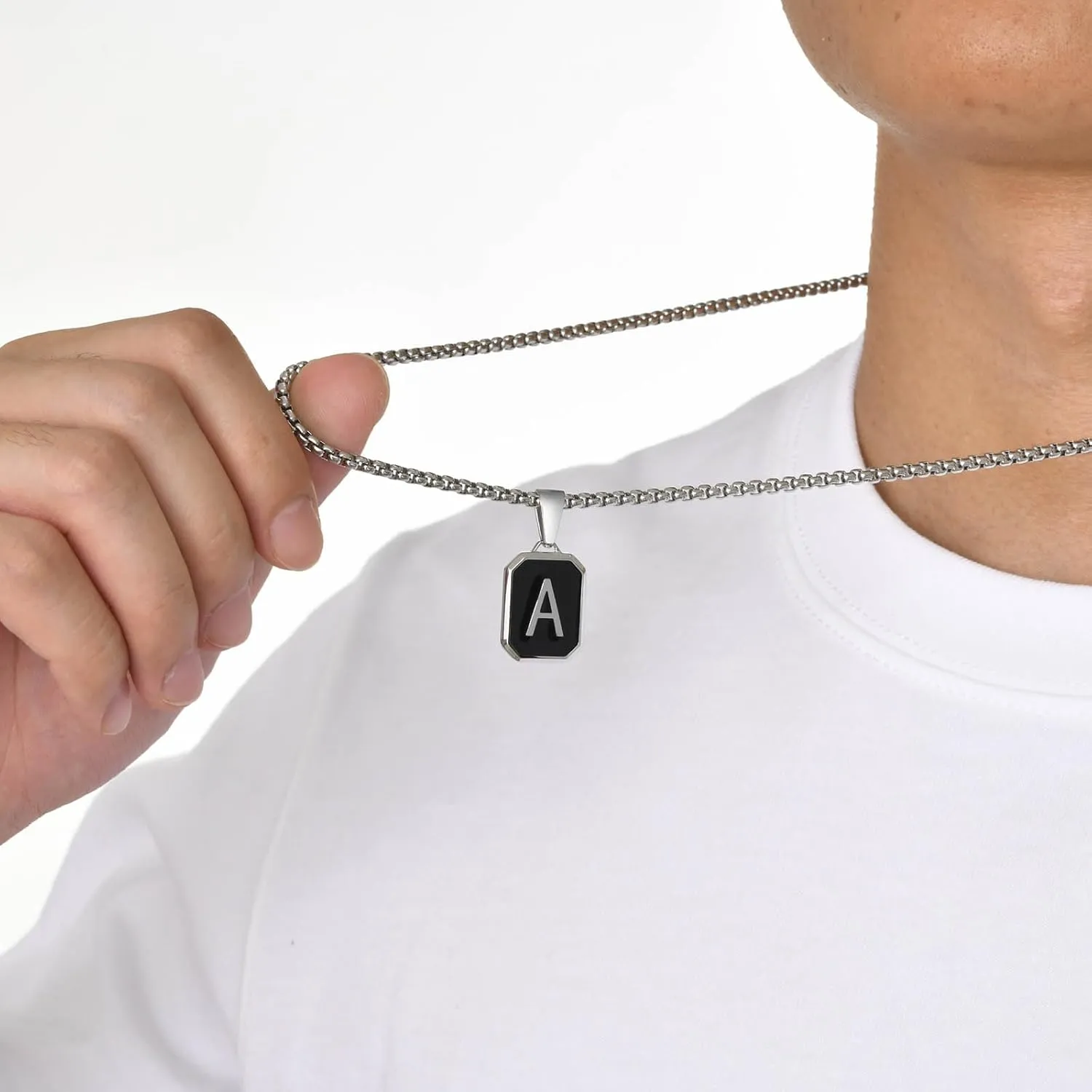 Hisatan Initial Necklace for Men Women, A-Z Letter Pendant Necklaces Black Silver Square Capital Mens Stainless Steel Monogram Alhpabets Charm Gifts Jewelry, 24 inch Box Chain