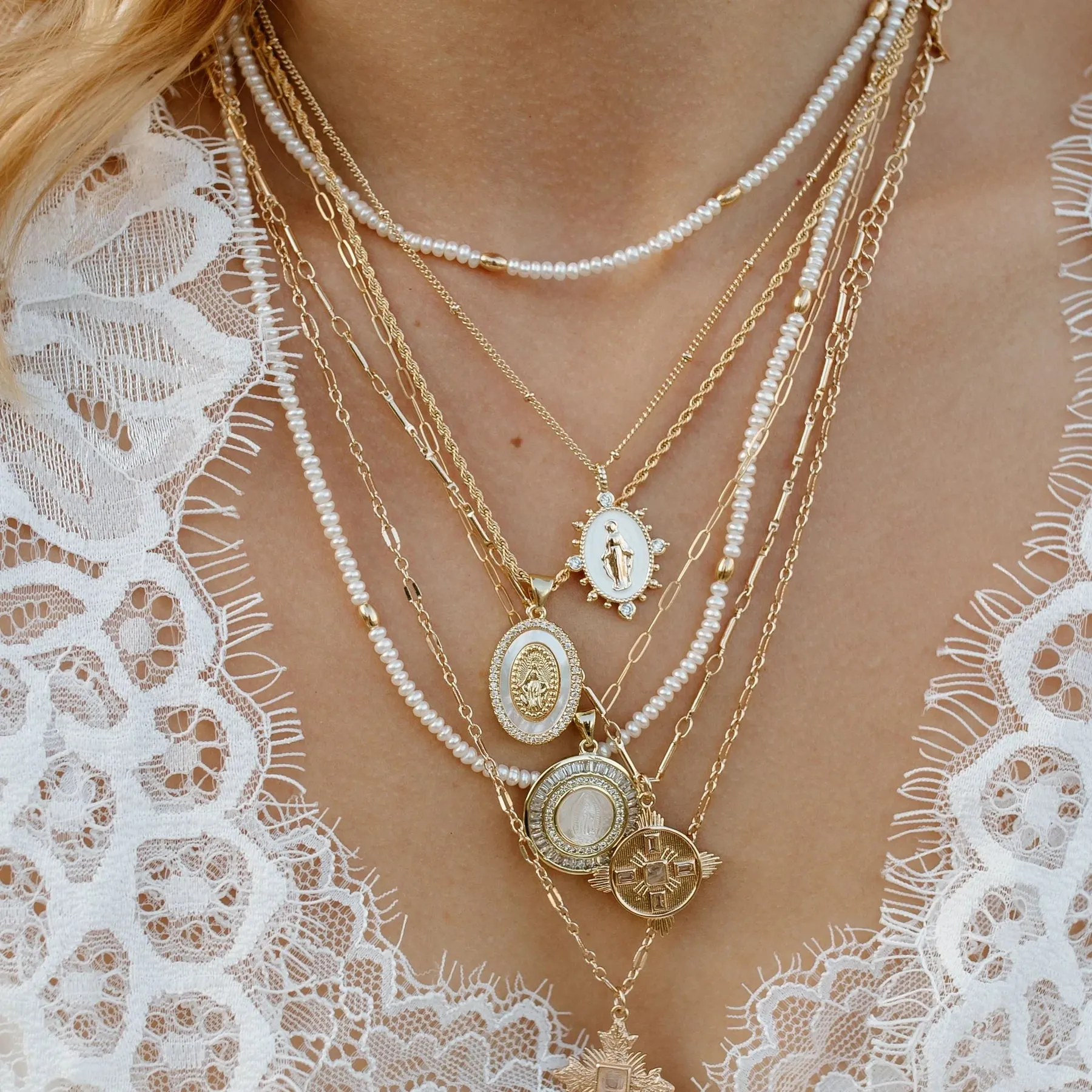 Holy Mother Mary Gold, Cubic Zirconia and White Pearl Necklace - Joy Dravecky