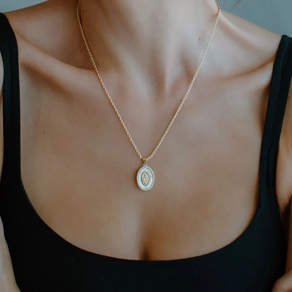 Holy Mother Mary Gold, Cubic Zirconia and White Pearl Necklace - Joy Dravecky