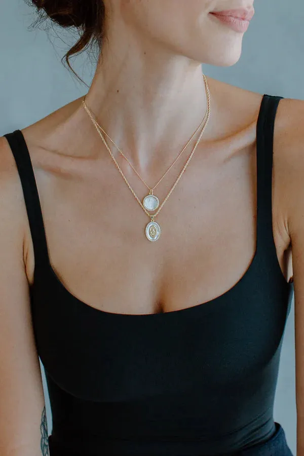Holy Mother Mary Gold, Cubic Zirconia and White Pearl Necklace - Joy Dravecky
