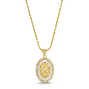 Holy Mother Mary Gold, Cubic Zirconia and White Pearl Necklace - Joy Dravecky