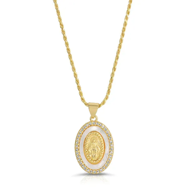 Holy Mother Mary Gold, Cubic Zirconia and White Pearl Necklace - Joy Dravecky