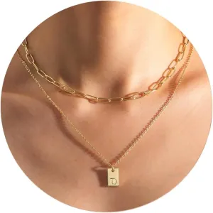 Honsny Layered Initial Necklaces for Women, 14K Gold Plated Layering Paperclip Chain Dainty Letter A-Z Name Tag Pendant Choker Necklace Trendy Gold Jewelry