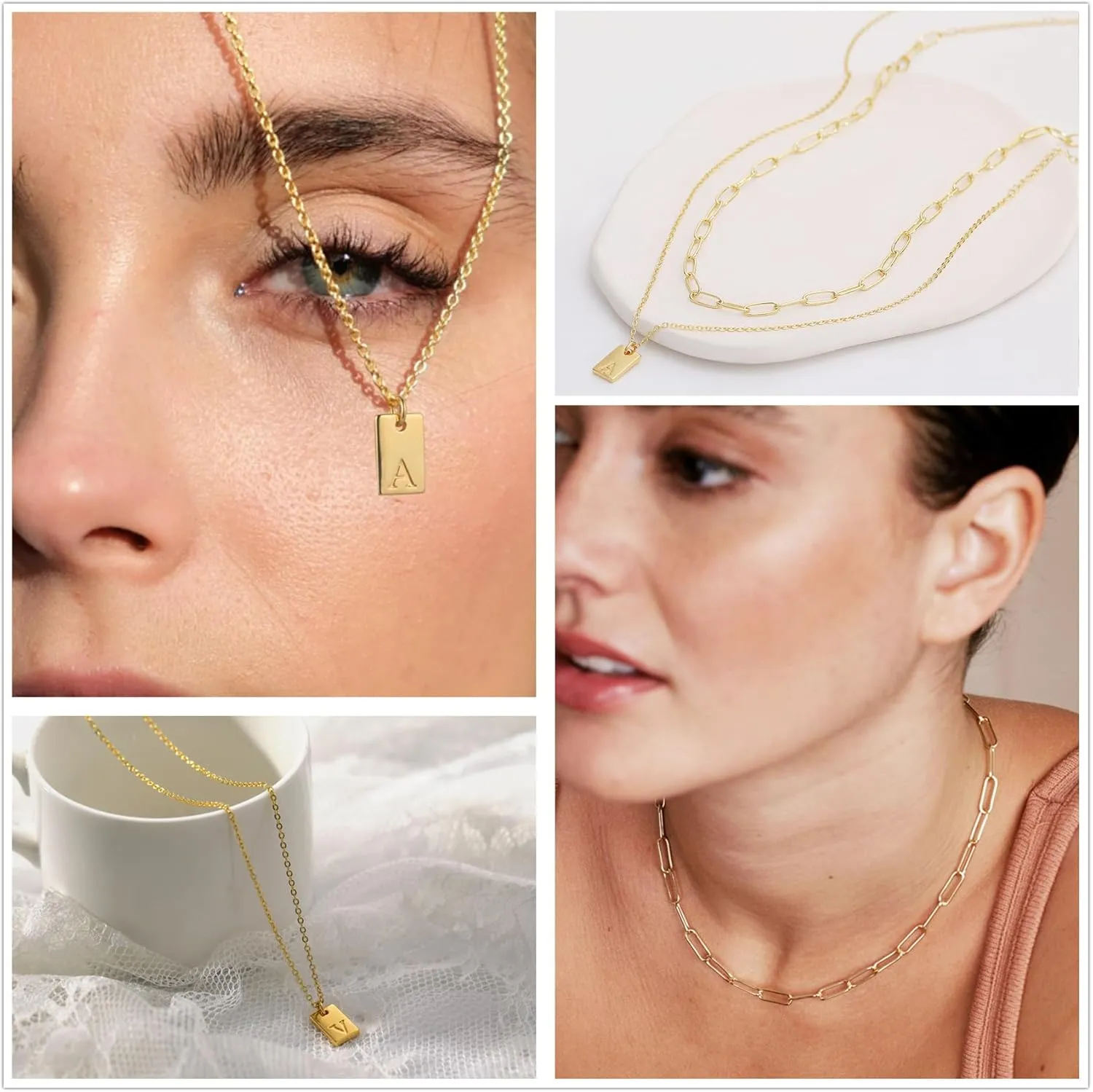 Honsny Layered Initial Necklaces for Women, 14K Gold Plated Layering Paperclip Chain Dainty Letter A-Z Name Tag Pendant Choker Necklace Trendy Gold Jewelry