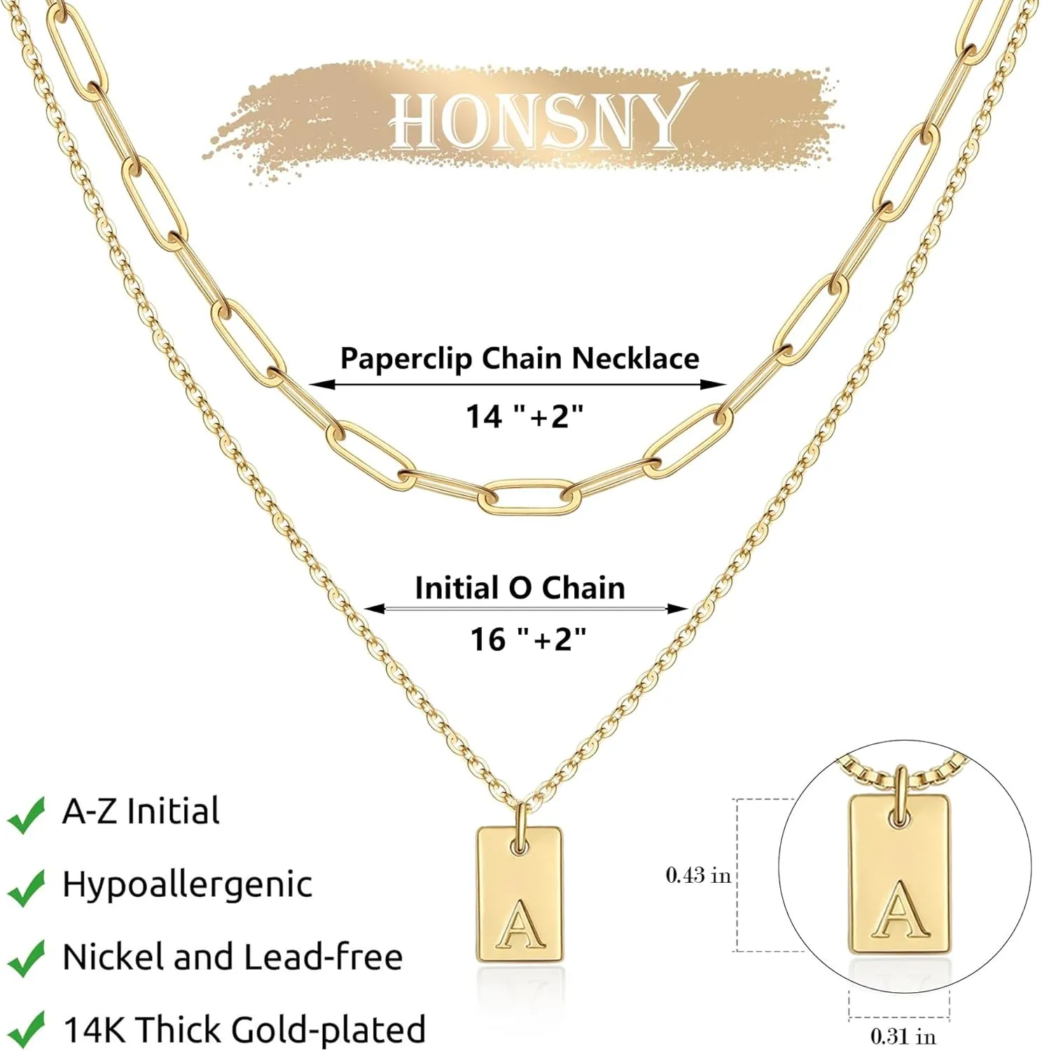 Honsny Layered Initial Necklaces for Women, 14K Gold Plated Layering Paperclip Chain Dainty Letter A-Z Name Tag Pendant Choker Necklace Trendy Gold Jewelry