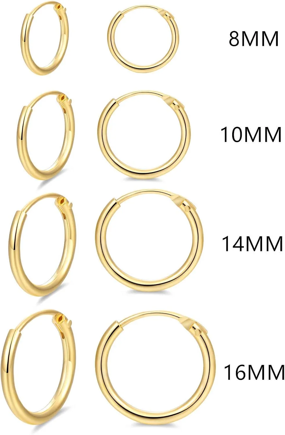 Hoop Earring 14K White Gold Plated S925 Sterling Silver Endless Small Hoop Earring Set for Cartilage Nose Lip Rings 8mm-16mm