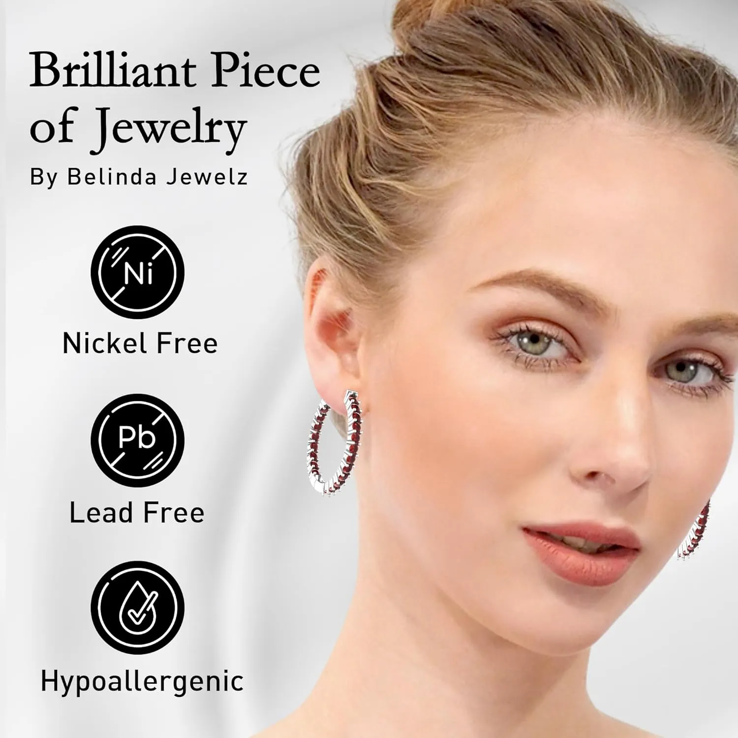 Hoop Earrings with 40 Colored Gemstones, Birthstone Earrings, 925 Sterling Silver Rhodium Plated, Push Back Closure, 1.18'