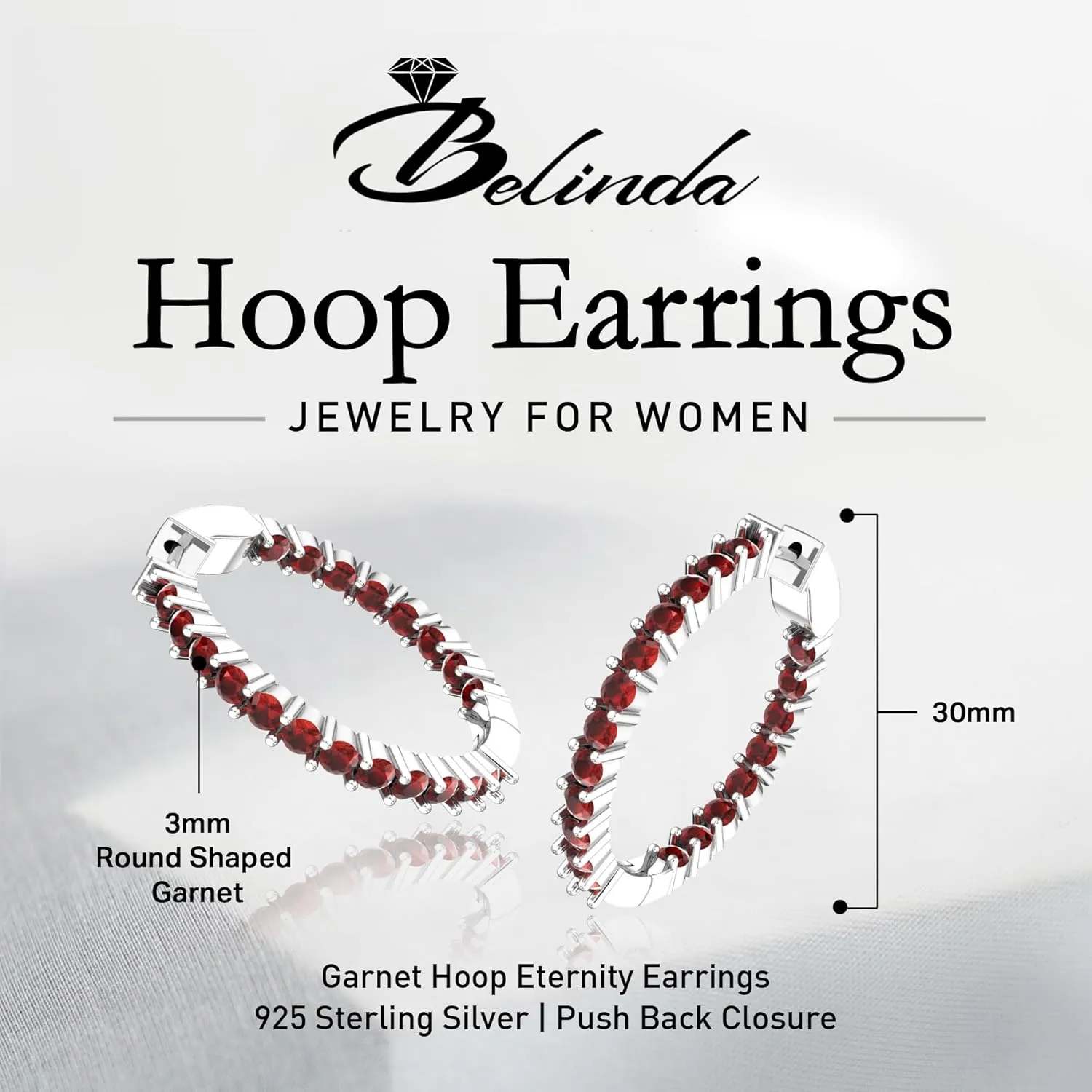 Hoop Earrings with 40 Colored Gemstones, Birthstone Earrings, 925 Sterling Silver Rhodium Plated, Push Back Closure, 1.18'