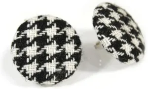 Houndstooth Check Stud Earrings with Tweed Fabric