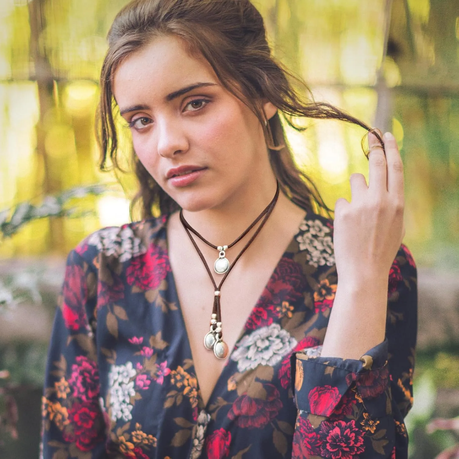 HUASAI Boho Necklaces for Women Western Jewelry Country Concert Outfits for Women Layered Brown Choker Necklace Leather Boho Necklace Western Cowgirl Outfits Jewelry