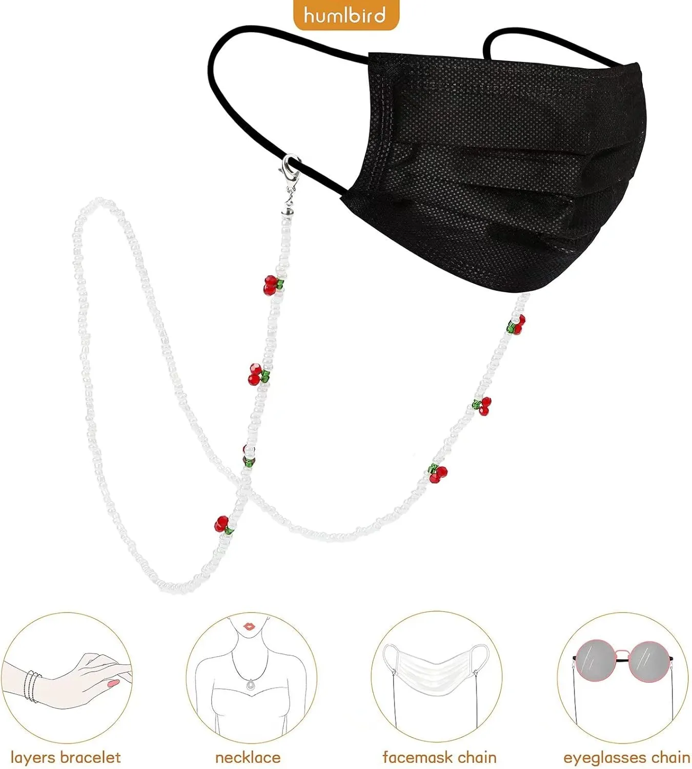 humlbird Mask Lanyard Eyeglasses Chain Healing Crystal Beaded Sunglasses Chains with Pearl for Women