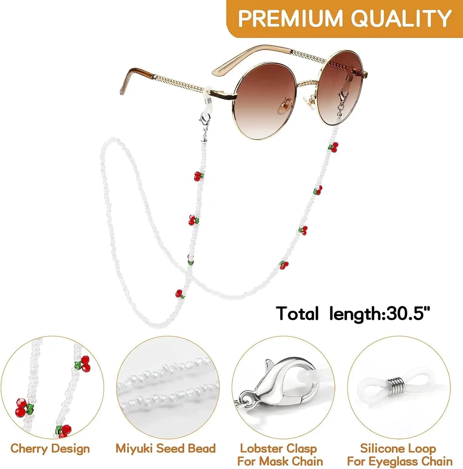 humlbird Mask Lanyard Eyeglasses Chain Healing Crystal Beaded Sunglasses Chains with Pearl for Women