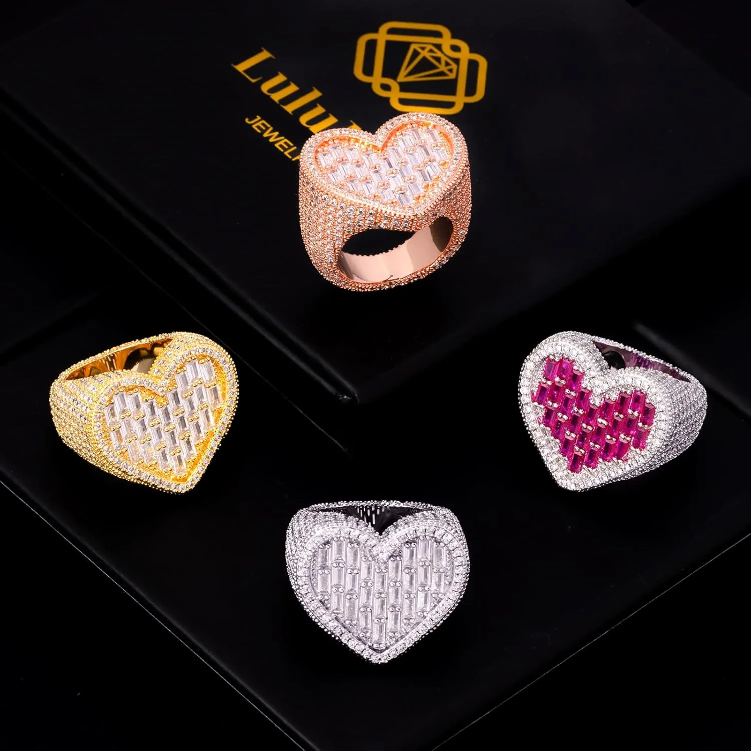 Iced Out Baguette Cz Diamond Heart Ring Jewelry, All Match Bling Bling Dainty Gold Pinky Ring Party Rose Gold Love Women Luxury Jewelry