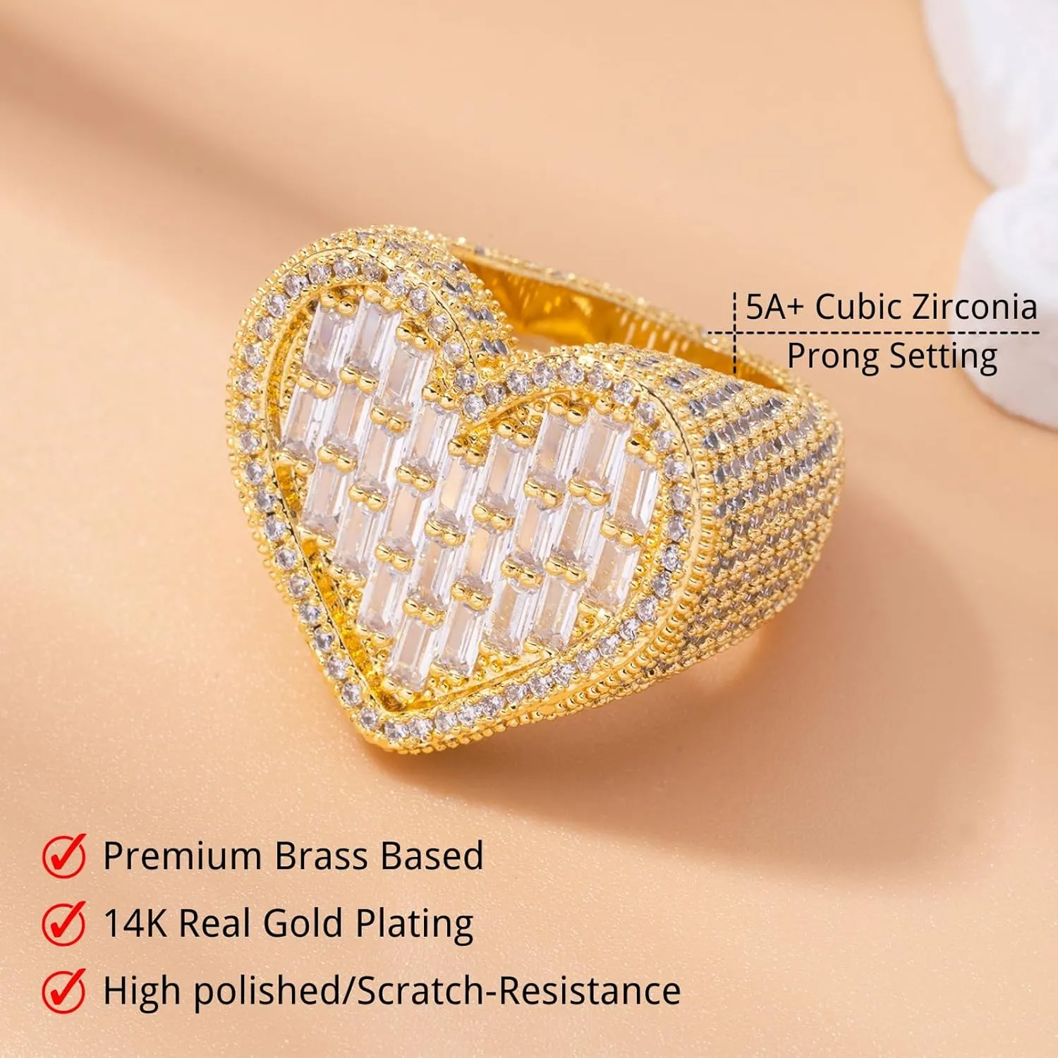 Iced Out Baguette Cz Diamond Heart Ring Jewelry, All Match Bling Bling Dainty Gold Pinky Ring Party Rose Gold Love Women Luxury Jewelry