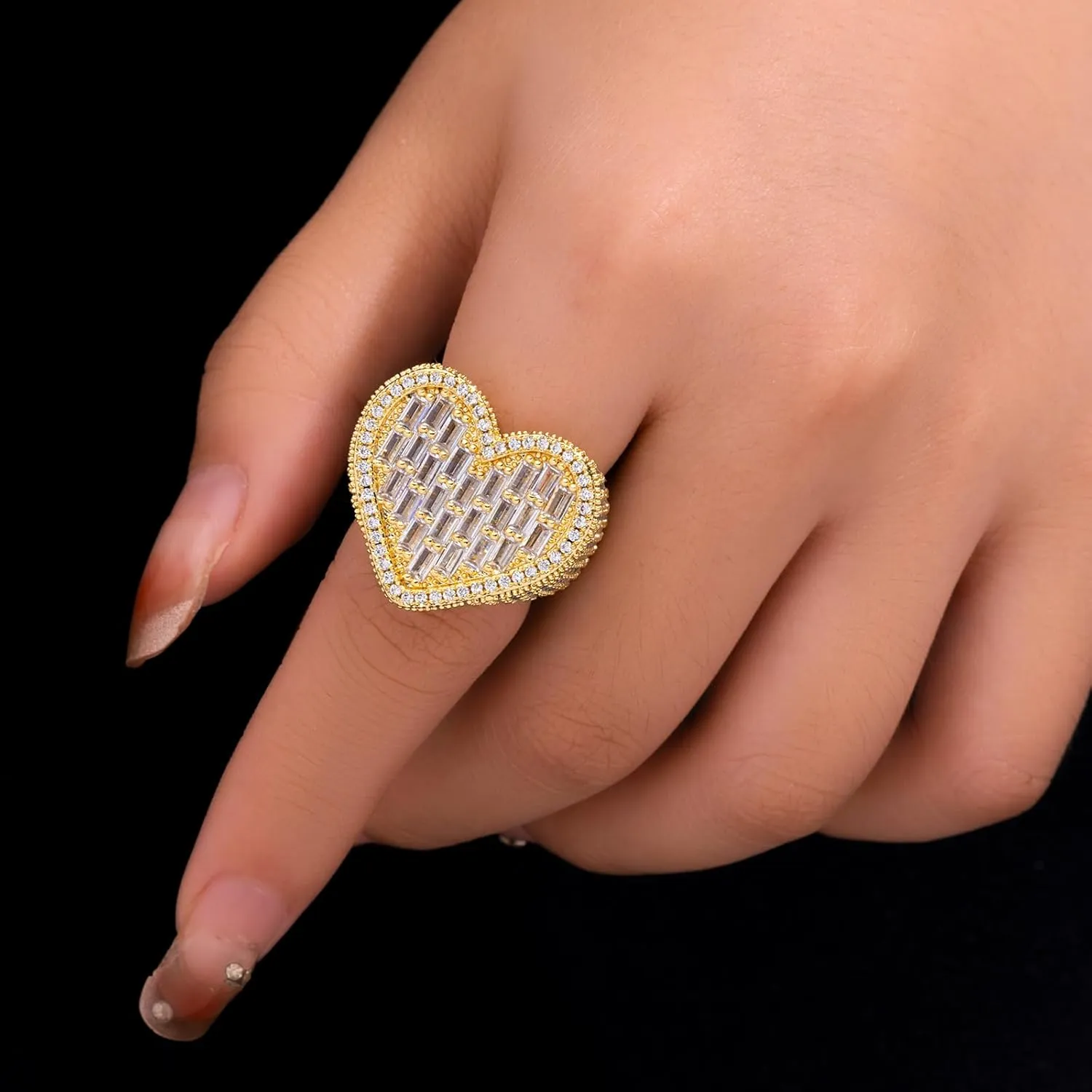 Iced Out Baguette Cz Diamond Heart Ring Jewelry, All Match Bling Bling Dainty Gold Pinky Ring Party Rose Gold Love Women Luxury Jewelry
