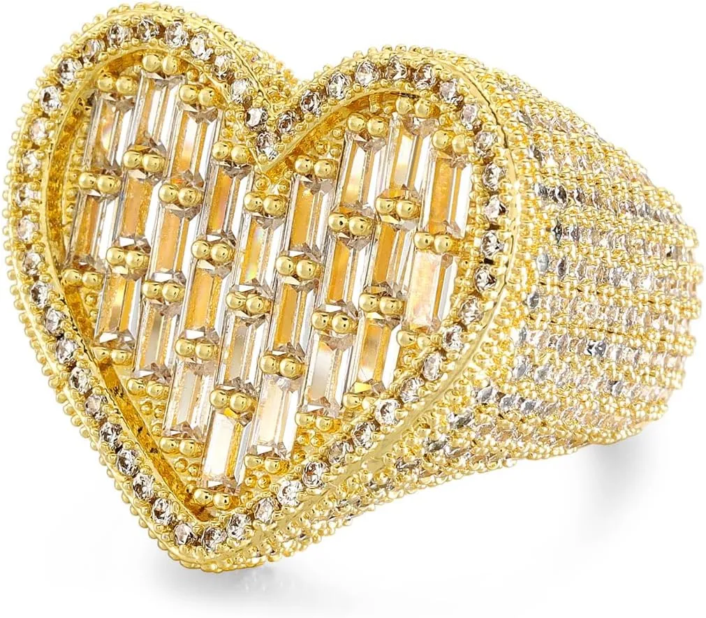 Iced Out Baguette Cz Diamond Heart Ring Jewelry, All Match Bling Bling Dainty Gold Pinky Ring Party Rose Gold Love Women Luxury Jewelry