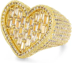 Iced Out Baguette Cz Diamond Heart Ring Jewelry, All Match Bling Bling Dainty Gold Pinky Ring Party Rose Gold Love Women Luxury Jewelry