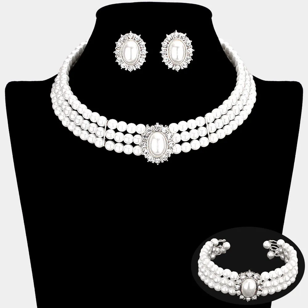 iLLASPARKZ 3PCS - Rhinestone Trimmed Pearl Necklace Jewelry Set