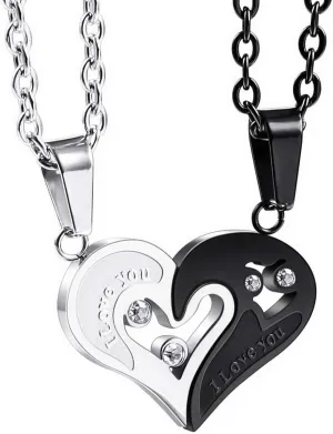 INBLUE Heart Matching Puzzle Necklaces for Couples Men Women Boyfriend Girlfriend Lover Birthstone Pendant Stainless Steel CZ Relationship Gifts Anniversary Valentine's Day Jewelry