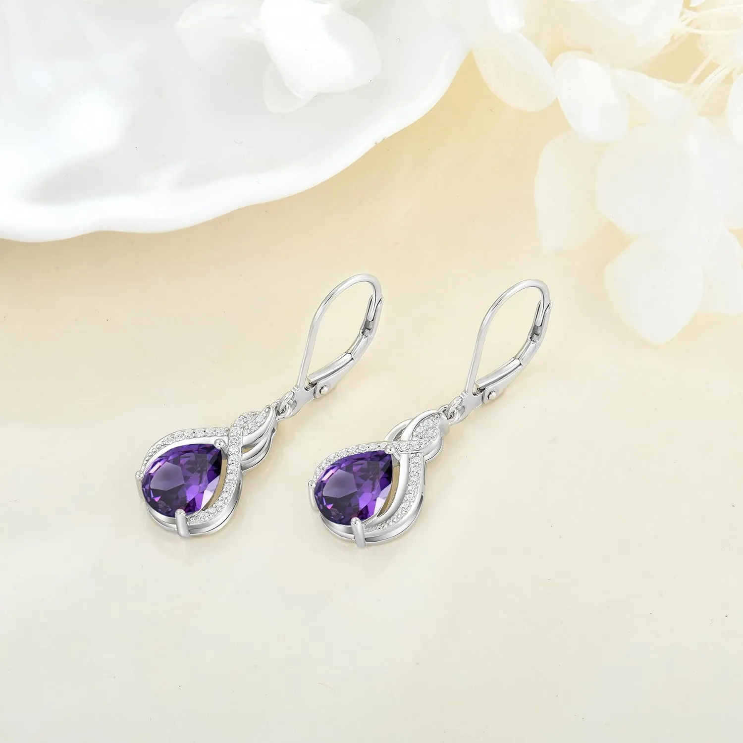 Infinity Teardrop Earrings 925 Sterling Silver Dangle Drop Leverback Earrings Pear Shaped Birthstone Jewelry Gifts for Women