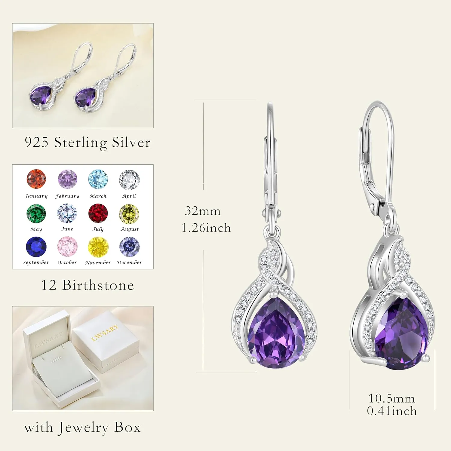 Infinity Teardrop Earrings 925 Sterling Silver Dangle Drop Leverback Earrings Pear Shaped Birthstone Jewelry Gifts for Women