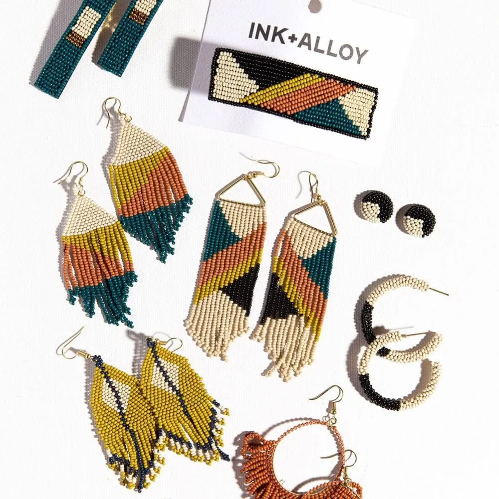 INK ALLOY Beaded Boho Hoop Earrings for Women, Cammy Color Block Seed Bead Statement Hoops, Hypoallergenic Handmade Jewelry for the Modern Bohemian, 1.25-Inch Length