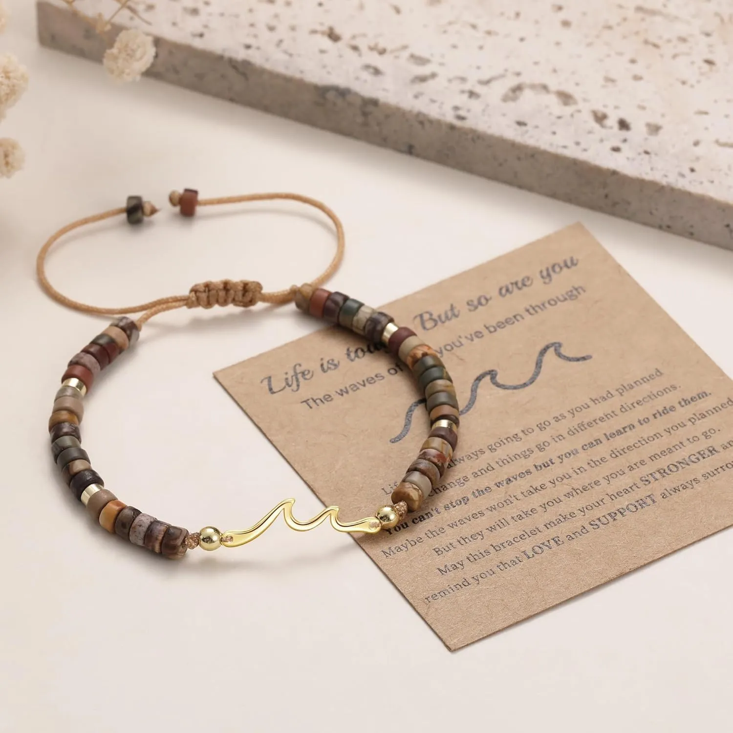 Inspirational Gifts for Women, Wave Bracelet Encouragement Gifts, Natural Stone Beaded Bracelets Life Is Tough Cheer Up Spiritual Thoughtful Get Weel Gifts Birthday Mothers Day Jewelry