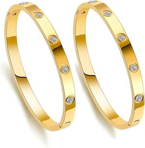 ISQ Gold Bracelets for Women, 2Pcs 18K Gold Plated Cubic Zirconia Stainless Steel Bangle 10 Zircons Bracelet Jewelry, Wedding Gifts for Women