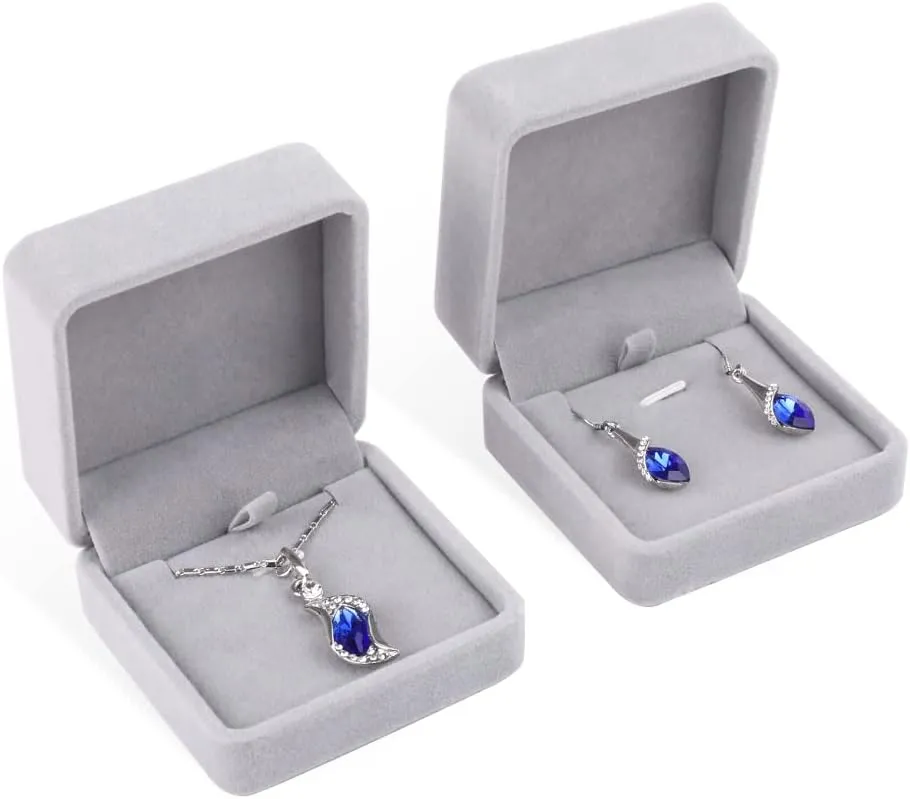 iSuperb Set of 2 Gray Velvet Necklace Pendant Box Jewelry Box Gift Boxes 3.1x1.6x2.8inch