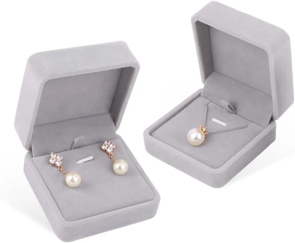 iSuperb Set of 2 Gray Velvet Necklace Pendant Box Jewelry Box Gift Boxes 3.1x1.6x2.8inch