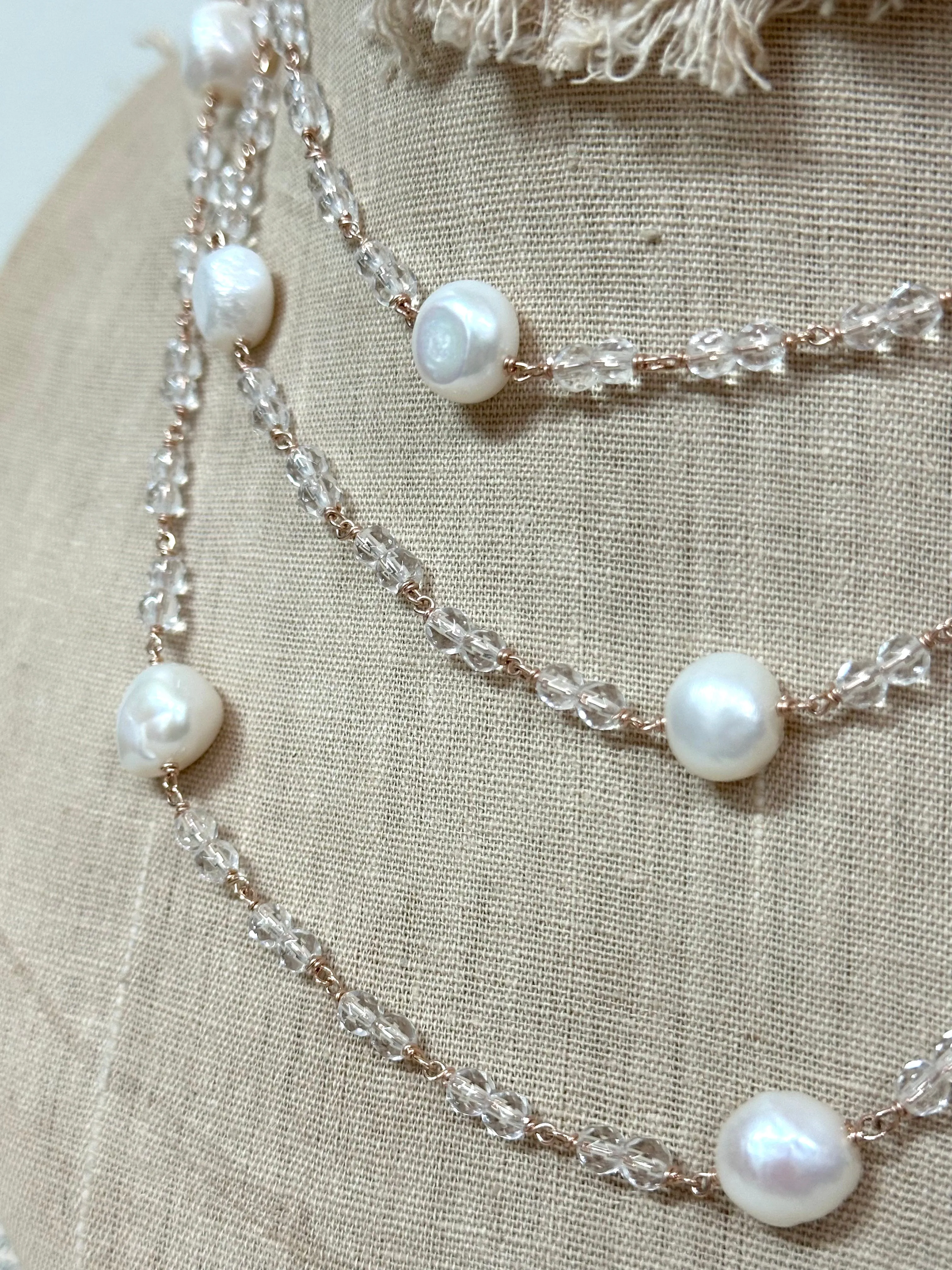 Italian Long Pearl & Crystal Necklace
