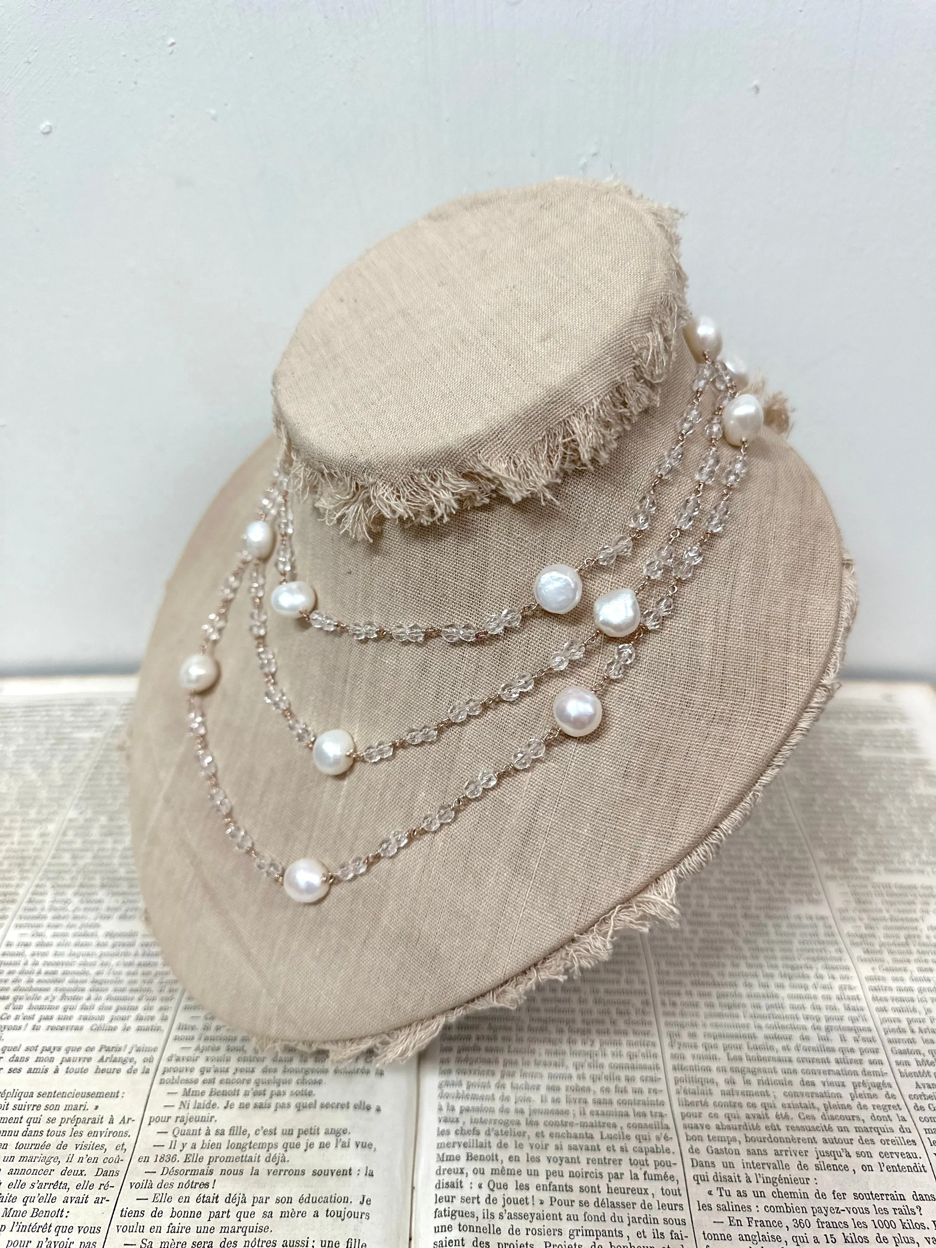 Italian Long Pearl & Crystal Necklace