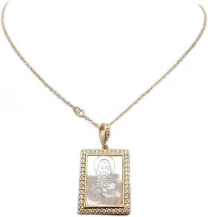 Jesus Shell Pendant Mother of Pearl Other of Pearl Shell Virgin Mary White Cubic Zirconia Pave Rectangle Pendant Necklace