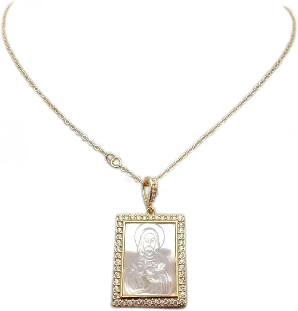 Jesus Shell Pendant Mother of Pearl Other of Pearl Shell Virgin Mary White Cubic Zirconia Pave Rectangle Pendant Necklace