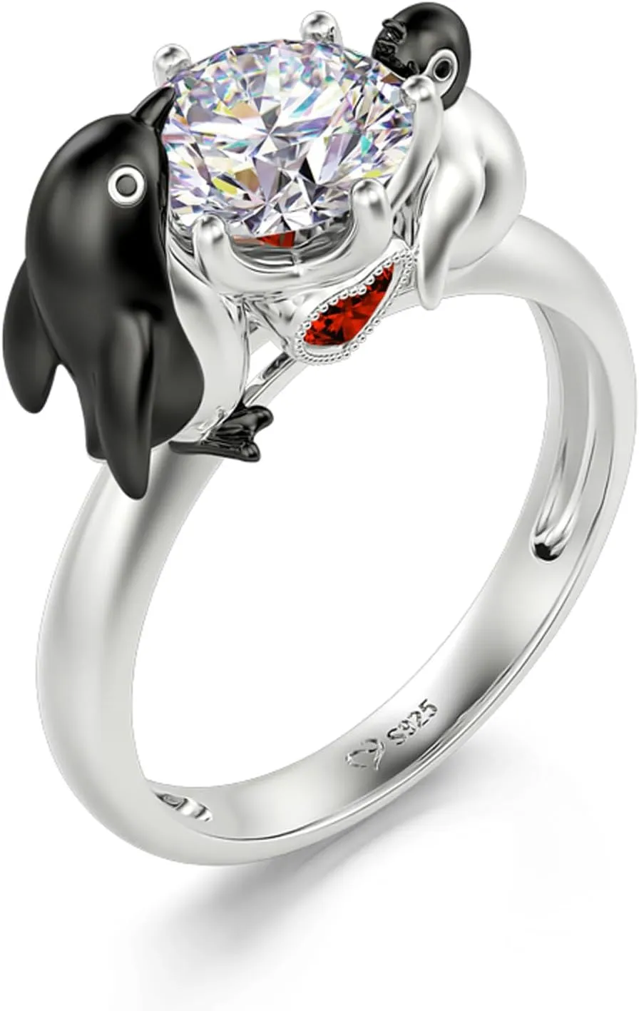 Jeulia Hug Me Animal Round Cut Sterling Silver Ring for Women Couples Engagement Wedding Anniversary Christmas Mother's Day Diamond Band with Jewelry Box