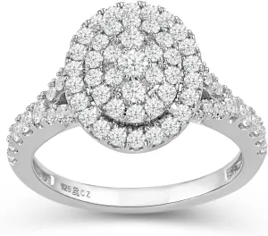 Jewelili 925 Sterling Silver Diamond Ring for Women | 1.0 CTW Double Halo Vintage Engagement Rings | H Color I1 Clarity | Lab Grown Diamond Ring | Size 6,7 & 8