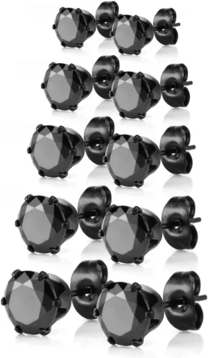 JewelrieShop Stud Earrings Hypoallergenic Surgical Steel Earrings for Women Cubic Zirconia Stud Earrings Pack Stud Earrings Set for Sensitive Ears (Black, 3-7mm, 5 Pairs)
