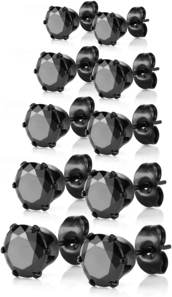 JewelrieShop Stud Earrings Hypoallergenic Surgical Steel Earrings for Women Cubic Zirconia Stud Earrings Pack Stud Earrings Set for Sensitive Ears (Black, 3-7mm, 5 Pairs)