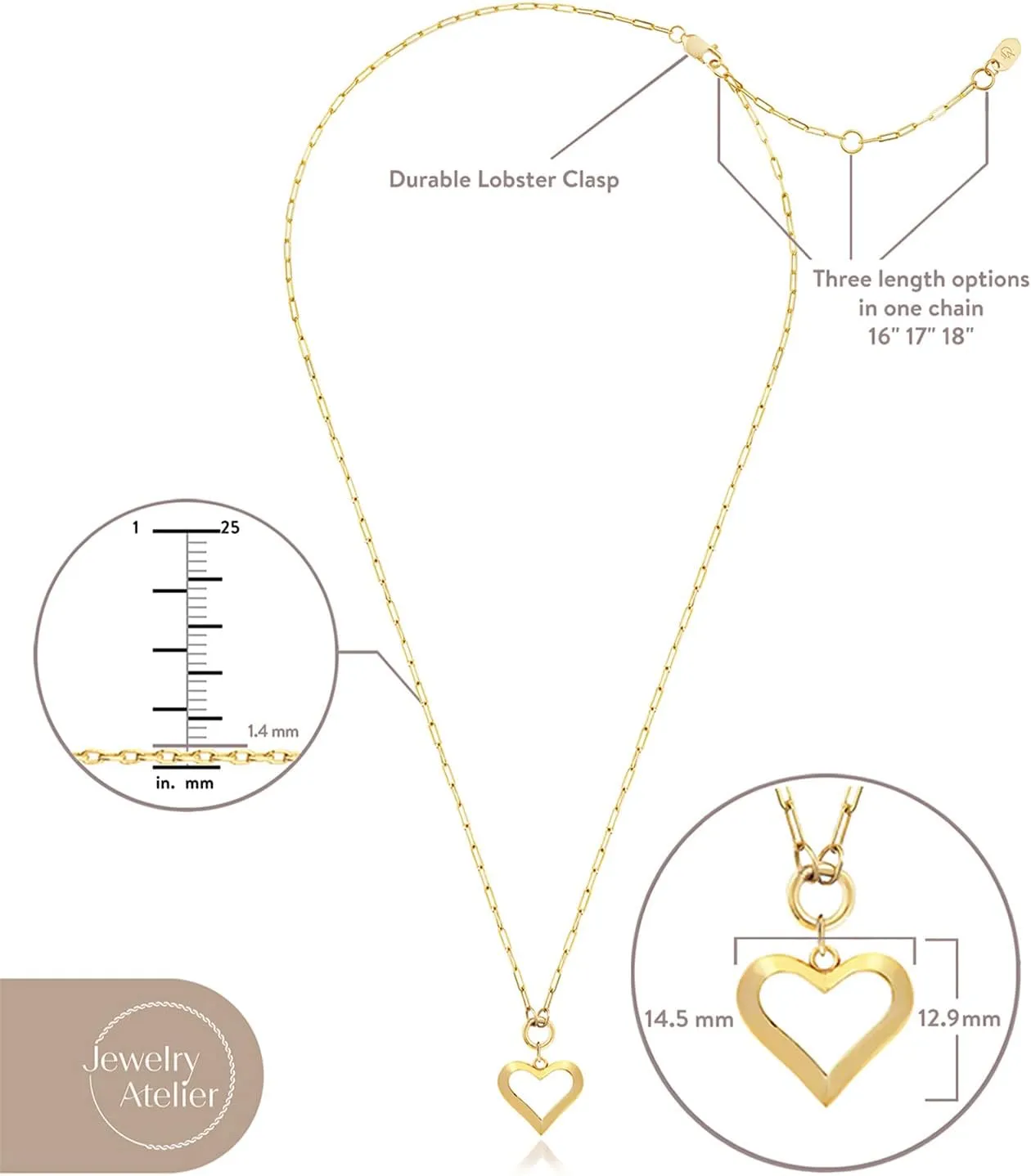 Jewelry Atelier Gold Filled Pendant Necklace Collection - 14K Yellow Gold Filled Pendant Necklace with Solid Clip Chain for Women (Different Sizes and Styles with Extension/Adjustable Chain)