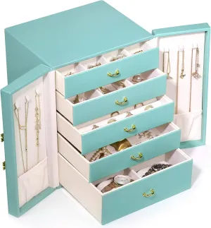 Jewelry Boxes & Organizers, Large Jewelry Boxes Organizers with 5 Drawers Necklace Earring Ring Watches Bracelets Storage Case Leather Stand up Holder Gift for Women and Girls (Blue)