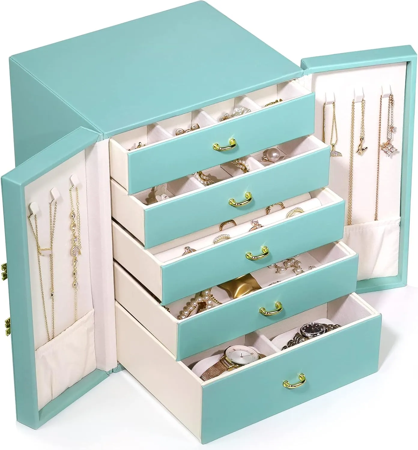 Jewelry Boxes & Organizers, Large Jewelry Boxes Organizers with 5 Drawers Necklace Earring Ring Watches Bracelets Storage Case Leather Stand up Holder Gift for Women and Girls (Blue)
