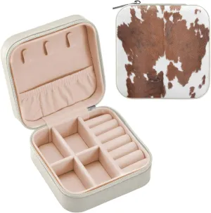 Jewelry Boxes for Women, Brown Cow Calf Animal Fur Print Small Kids Organizers Teenage Girls Christmas Gift Ages 8-12 Packaging Necklace Earrings Ring, PU Leather Velvet